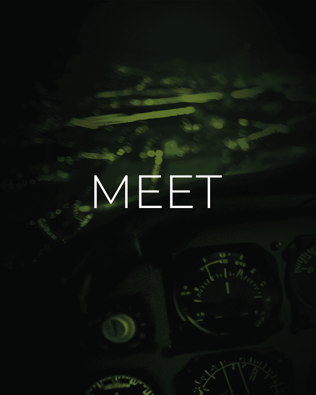 Meet — cockpit view with runway lights, part one of the brand identity reveal